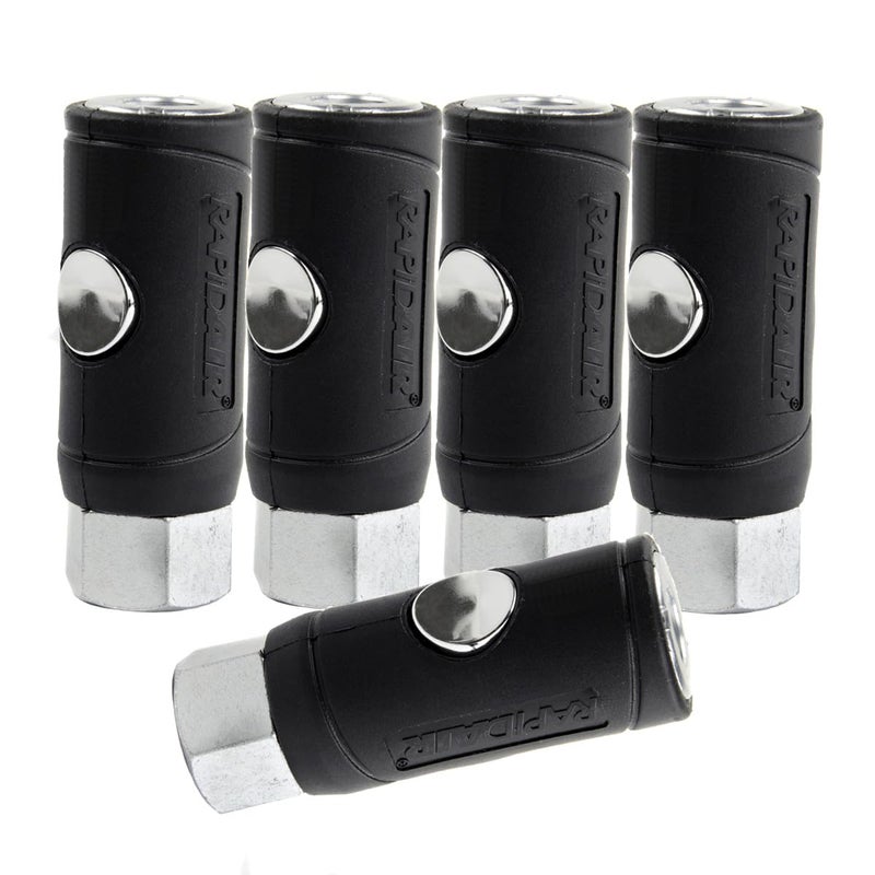 Rapidair 5 Pack 1/4" FNPT Safety Couplers Industrial Style Air Plug Push Button Release - Image 1